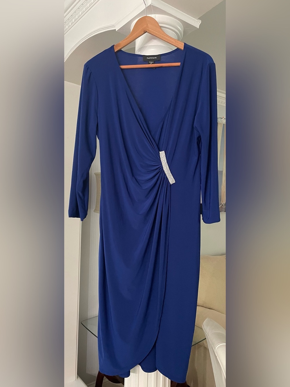 R&M Richards Elegant Royal Blue 3/4 Sleeve Draped Dress with Rhinestone Accent